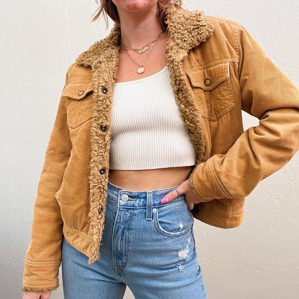 Vintage Y2K Tan Corduroy Fur Trim Button Up Jacket